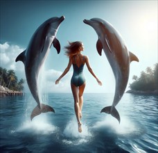 A young woman bathes with dolphins and jumps out of the water with them, AI generated, AI generated