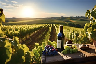 Aged bottle of wine glowing under the low sun with a vineyard in the background, AI generated