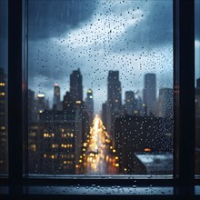 AI generated raindrops tracing paths down a large window with illuminated cityscape in background