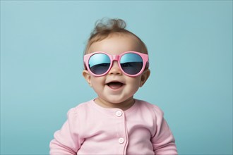 Smiling toddler with pink sunglasses. KI generiert, generiert, AI generated