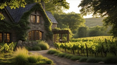 AI generated rustic vineyard cottage nestled amidst lush summer colored vine leaves