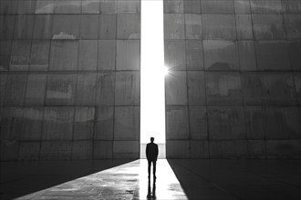 Silhouette of a man standing in front of a gigantic wall, sunlight shining through a gap, symbolic