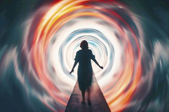 A woman walks through a tunnel into the light, symbolic image for near-death experience, death,