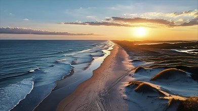 Aerial view of Sunset mood on a whispering tranquil costal landscape with sandy beach, AI generated