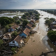 Aerial view showcases the extensive demolition within a village in massive water flood, AI