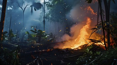 Destructive act of fire clearing within the amazon rainforest, AI generated