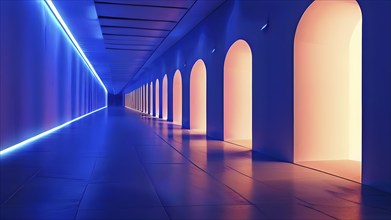 Futuristic long empty light corridor in soft blue and orange colors with sleek modern design, AI