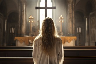 Back view of woman with long blond hair in church with cross. KI generiert, generiert AI generated