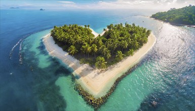 Symbol, small heart-shaped island in the sea, love island, honeymoon, palm beach, aerial view,