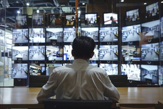 A man sits in a control room with many monitors and monitors various areas in a shopping centre, AI