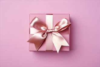 Top view of pink gift box with silk bow on pink studio background. KI generiert, generiert AI