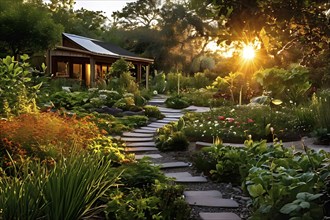 Sustainable agriculture Sunset over a permaculture garden, AI generated