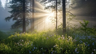 Fog covered forest in summer with mystic golden sunlight, AI generated