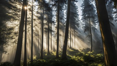 Fog covered forest in summer with mystic golden sunlight, AI generated