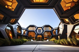 Modern residential house inspired by honeycomb hexagonal patterns, AI generated