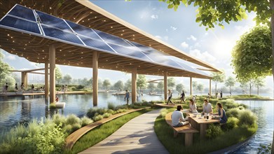 3d rendering of a sustainable engaged waterfront development with floating solar panels, AI