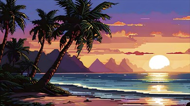 Pixel art illustration of a tropical island paradise with palm trees and sandy beach, AI generated