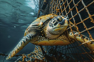 A sea turtle, hawksbill turtle caught in a fishing net, symbolic image for endangered species,