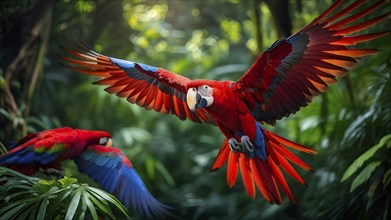 Scarlet macaw in mid flight against green jungle canvas, AI generated