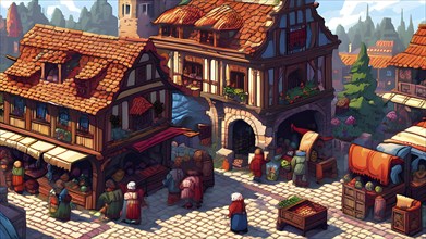 Pixel art, marketplace, medieval, pixel, art, wallpaper, illustration, AI generated