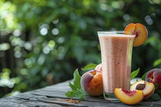 Peach smoothie or milkshake with fruits on wooden table. KI generiert, generiert, AI generated