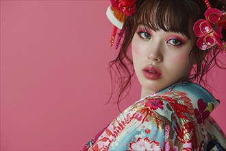 Young caucasian Woman wearing Japanese Kimono in front of pink studio background. Close up of wind