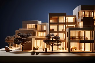 Modern architectural model crafted from polished wood bathed in soft diffuse light, AI generated