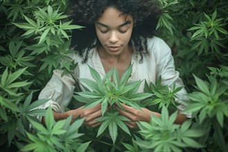 Young woman harvesting hemp in a hemp field, cannabis, industrial hemp, industrial hemp, symbolic