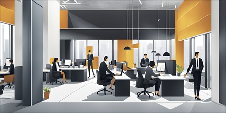 Vector illustration showcasing miniature business figures embodying team collaboration engaged in