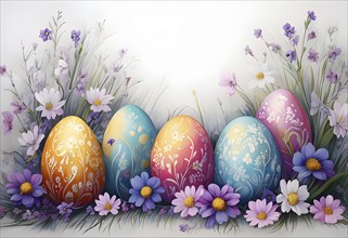 Abstract illustration of of vibrant-colored Easter eggs, surrounded by delicate spring flowers, AI