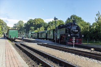 Historic train with steam locomotive at the railway station, surrounded by trees and clear sky,