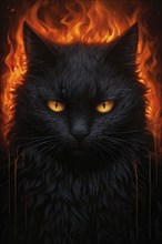 Black cat with golden eyes and flames over his head, AI generated