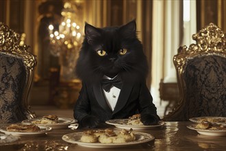 Black Persian cat in a black suit sitting at a table with food on a plate, AI generated