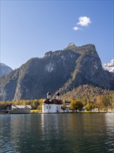 Königssee and pilgrimage church St. Bartholomä, autumnal mountain landscape, Berchtesgaden National