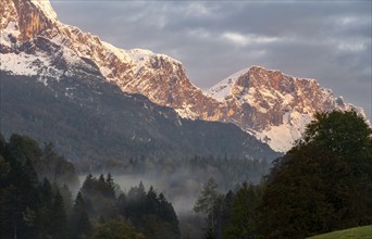 Mountain peak of the Untersberg at sunrise, mountain landscape with snow in autumn, Untersberg,