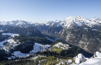 View of Königssee and Watzmann with snow in autumn, from the Jenner, Berchtesgaden National Park,