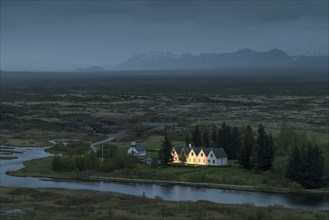 Church and historic houses, World Heritage Site Þingvellir or Thingvellir or Pingvellir, Rift