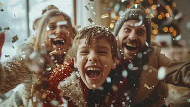 Young happy family laughing together on christmas morning amongst the confetti and wrapping paper