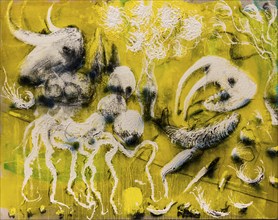 Yellow still life, 2021, mixed media on canvas, exhibition Miquel Barcelo, Vida y Muerte, Museum