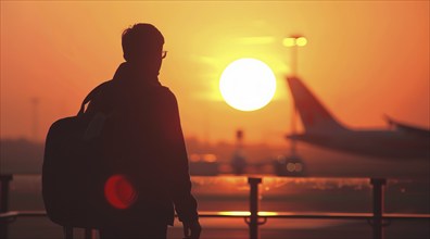 Passenger about to board the plane to go on vacation. Airport at sunset., AI generated