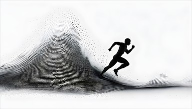 Wave of data points shaping into a runners silhouette, abstract illustration in black and white,