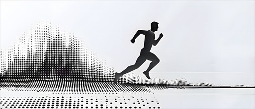 Wave of data points shaping into a runners silhouette, abstract illustration in black and white,