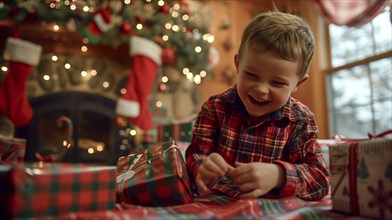 Happy young boy unwrapping his christmas gifts near the christmas tree. generative AI., AI