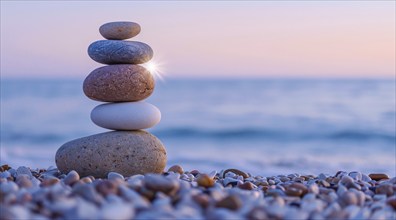 Stacked Zen stones on an ocean beach. Concept if spirituality, harmony and relaxation, AI generated