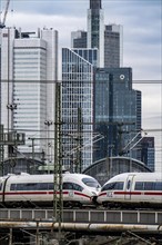 ICE train on the track in front of the main station of Frankfurt am Main, Skyline, Hesse, Germany,