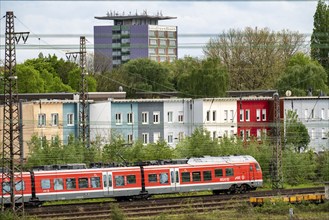 Railway line in Oberhausen, local train, Regional Express, at the exit of Oberhausen main station,