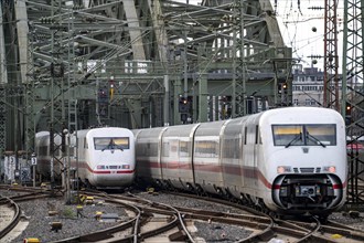 Track system in front of Cologne Central Station, Hohenzollern railway bridge over the Rhine, ICE