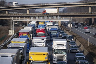 Traffic jam on the A3 motorway, at the Köln-Ost junction, heading south, four lanes jammed with