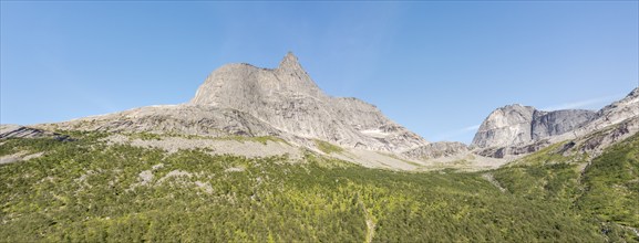 Panorama aerial view of Mt. Stetind, famous norwegian mountain, northern Norway