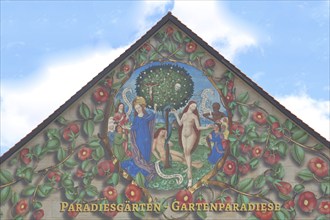 Mural Paradise by Berthold Furtmeyr 1478 on the gable of the building Paradiesgärten,